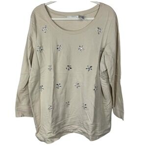 Roamans 1X Womens‎ Tan Jeweled Star Embellished Tan Scoop Neck Long Sleeve Shirt